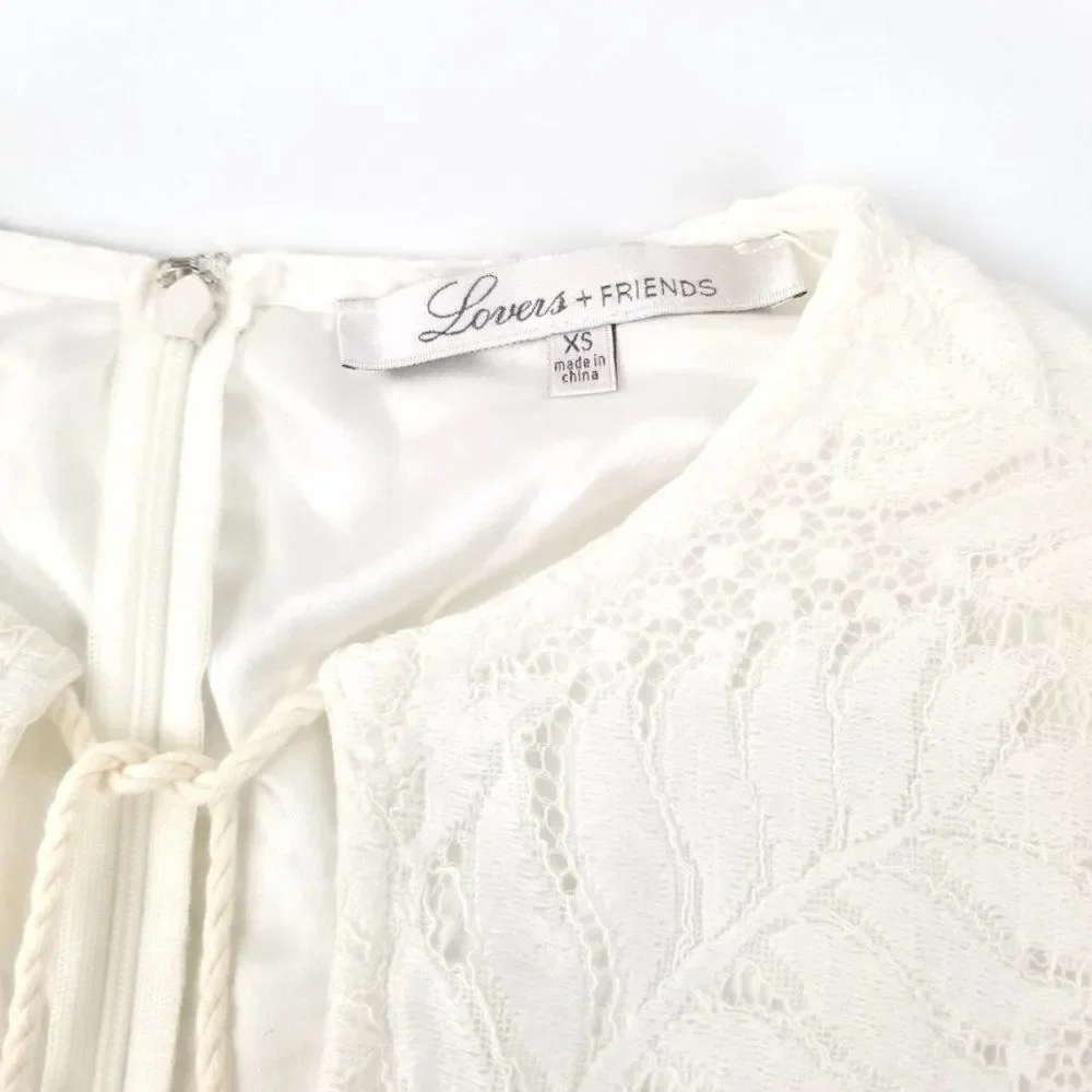 LOVERS + FRIENDS White Lace Tassel Tie Long Sleeve Boho Mini Dress Minimal 9XS